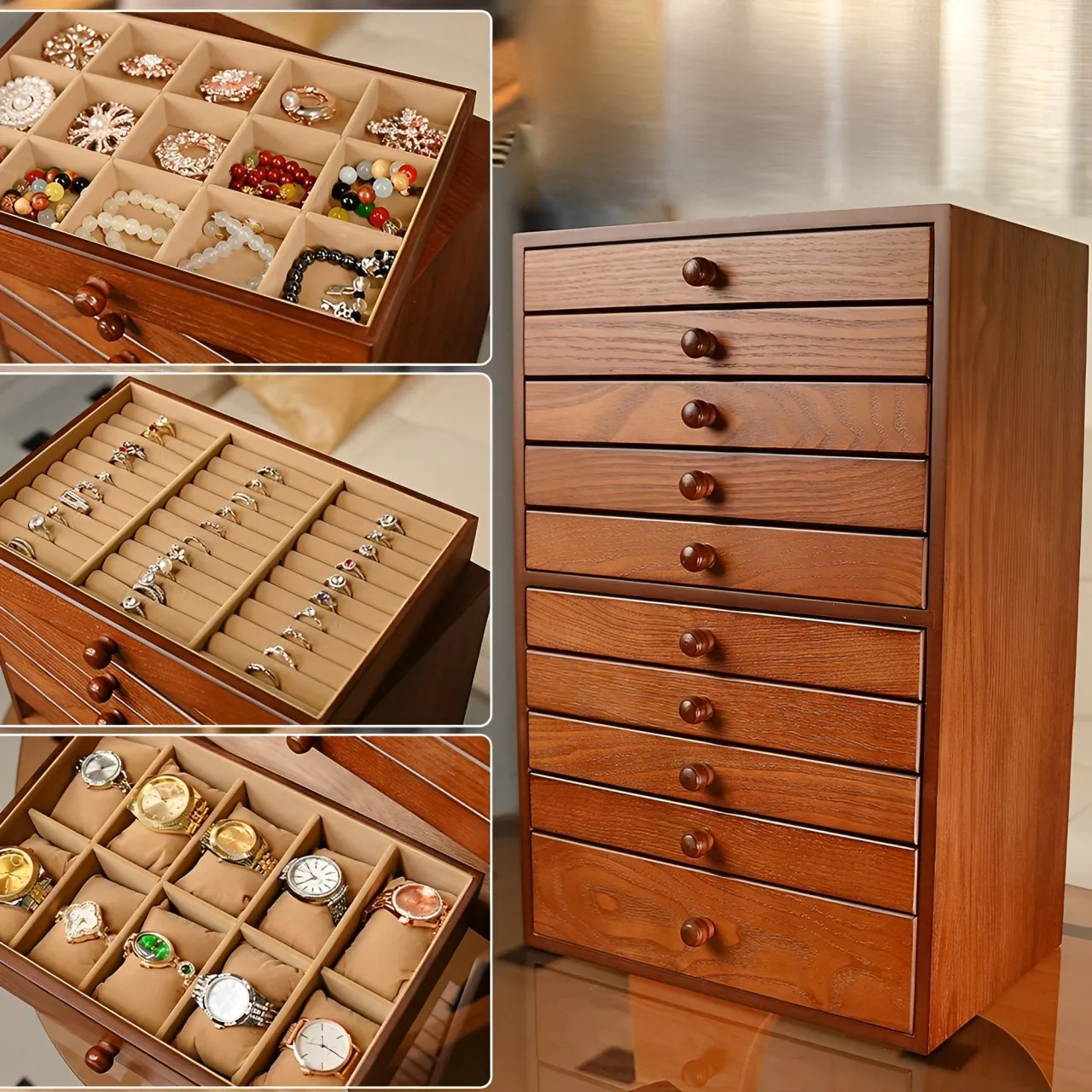 YB 10-Layer Wooden Jewelry Box Cabinet Display Storage Box for Storing Earrings Rings Necklaces Bracelets, Ideal Gift for Mom - Image 3