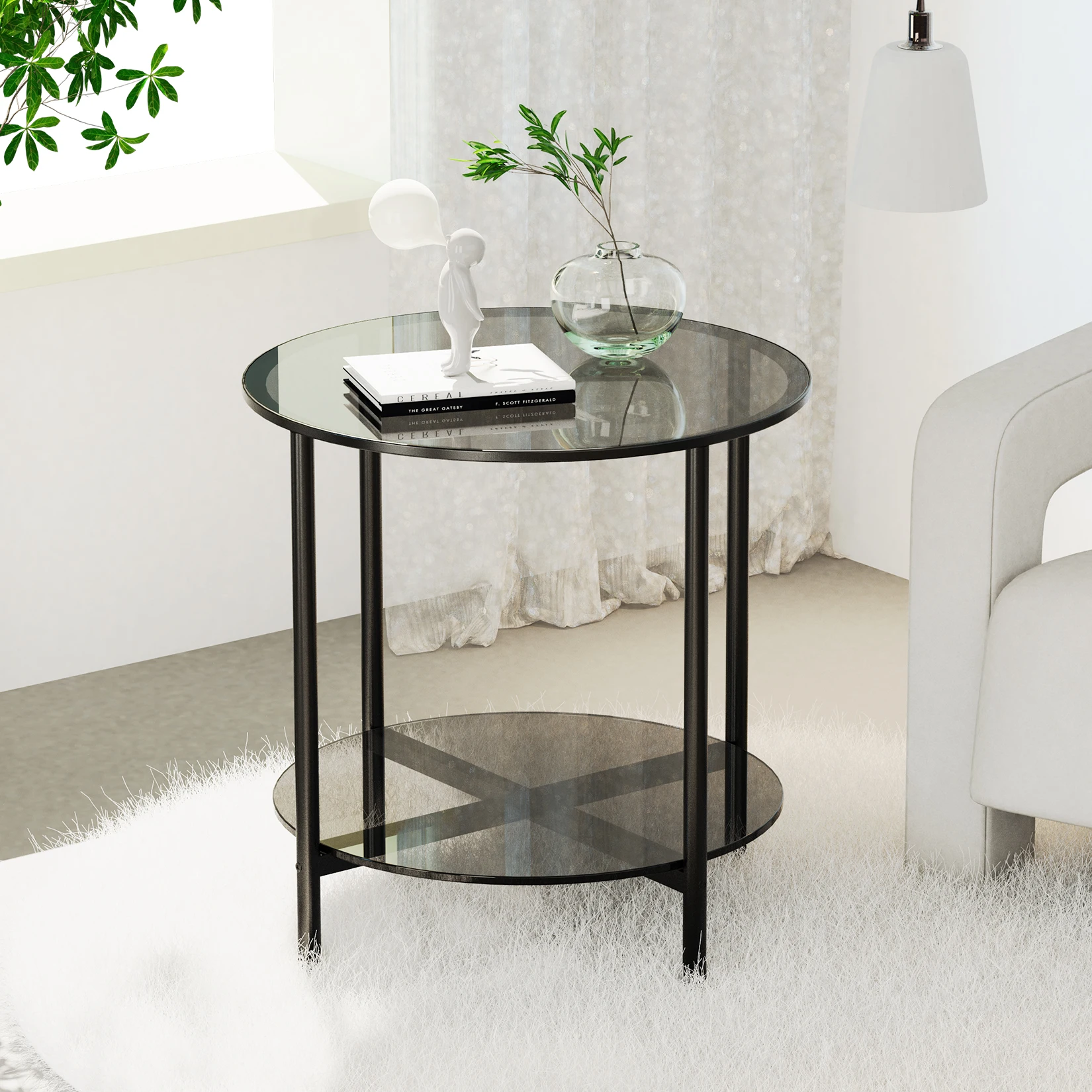 20” Round Coffee Table with Storage 2-Tier, Accent Table,Cocktail Table with Tempered Glass Top - Image 5