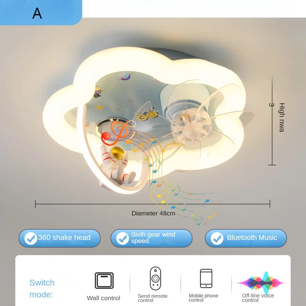 New LED Kids Room Ceiling Light Cartoon Astronaut Voice-activated Bluetooth Music Fan Lights Boys and Girls Bedroom Lamp - Image 3