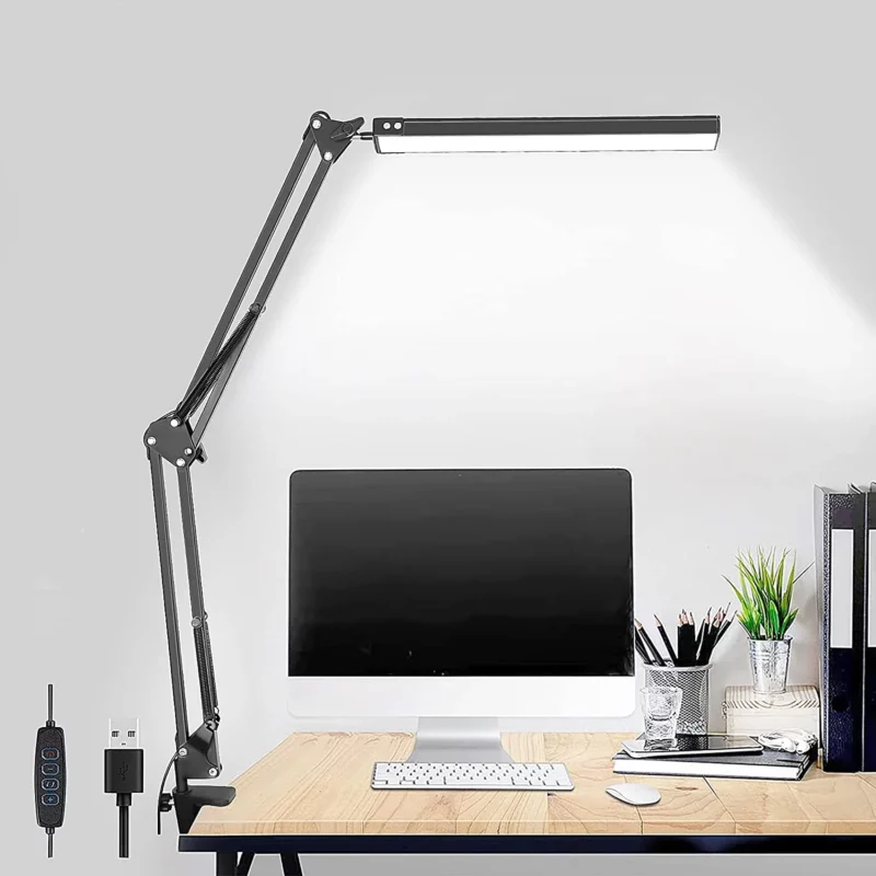 A LED Desk Lamp,Adjustable Metal Swing Arm Desk Lamp with Clamp,Eye-Caring Architect Desk Light,3 Color Modes Function