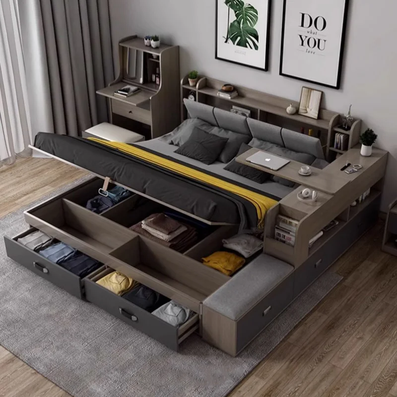 Minimalist Bedroom Bed Queen Size Aesthetic Multifunctional Storage Bed Modern Wood Cama De Casal Luxuosa Luxury Furniture - Image 2
