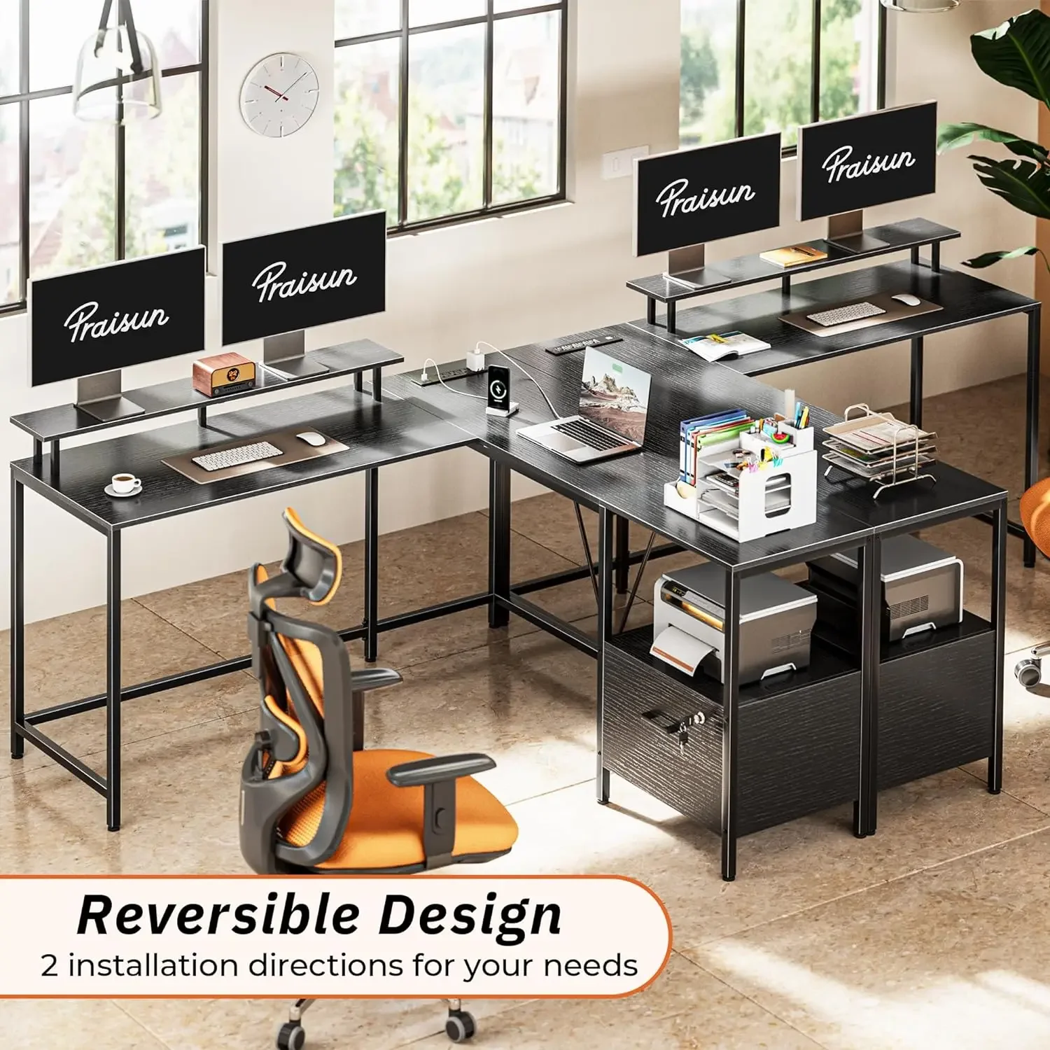 L Shaped Office Desk with LED Lights and Power Outlets, Reversible Computer Desk with File Cabinet and Monitor Shelves, - Image 4