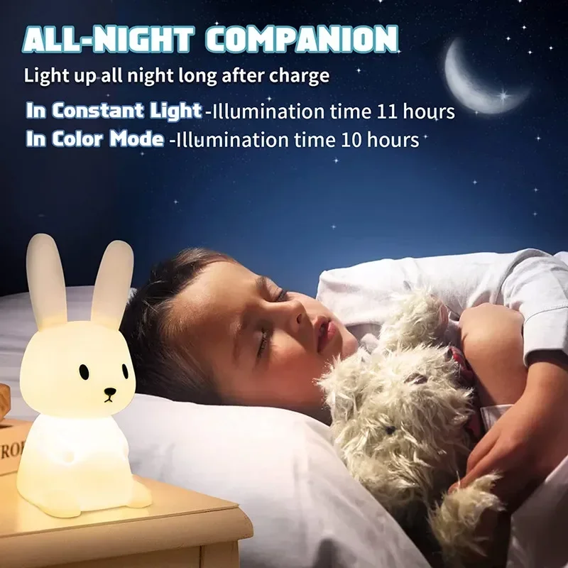 Night Light for Kids Room Cute Bunny Lamp Gifts for Nursery Girls Boys Toddler Kawaii Room Decor USB Silicone Rabbit Night Light - Image 5