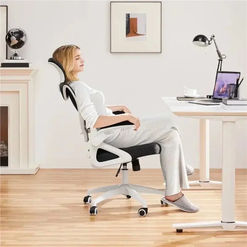 High Back Ergonomic Mesh Office Chair with Adjustable Padded Headrest, White/Black Furniture - Image 5