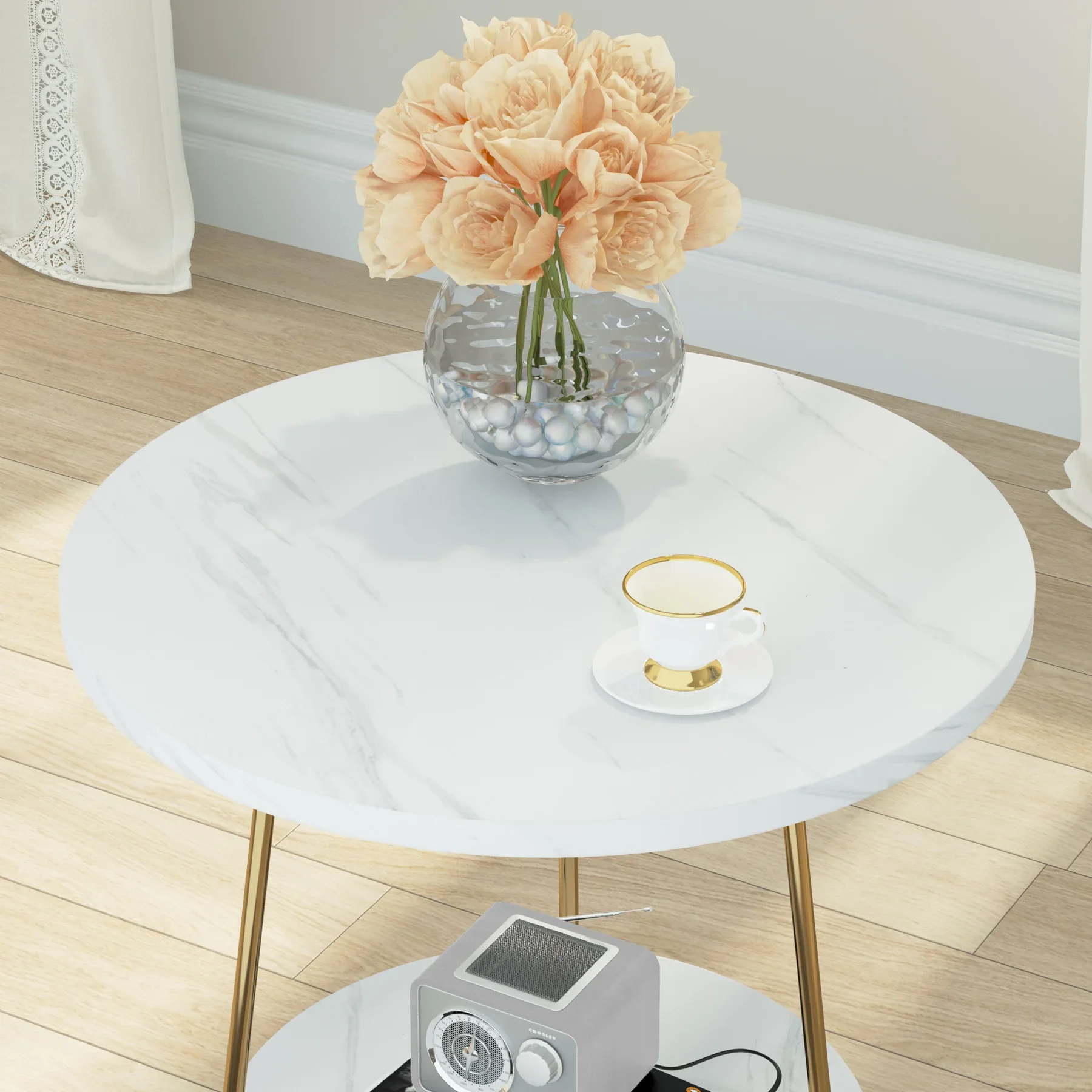 2 Tier Faux Marble End Table Round Side Table with Shelves Small Coffee Accent Table for Living Room, White and Gold - Image 4