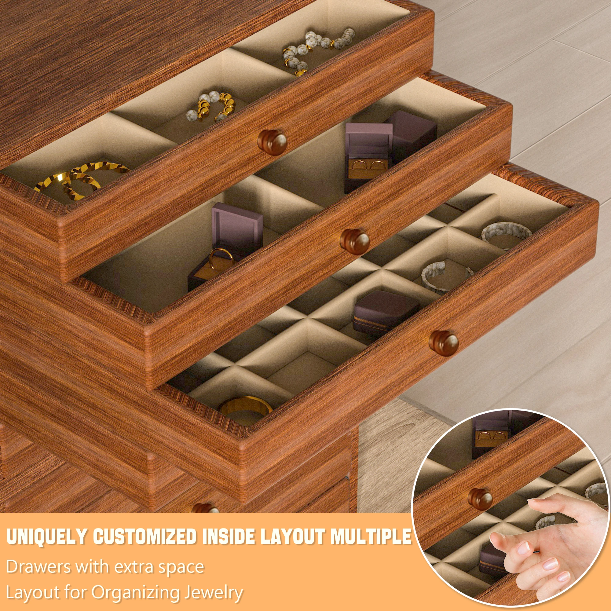 YB 10-Layer Wooden Jewelry Box Cabinet Display Storage Box for Storing Earrings Rings Necklaces Bracelets, Ideal Gift for Mom - Image 4