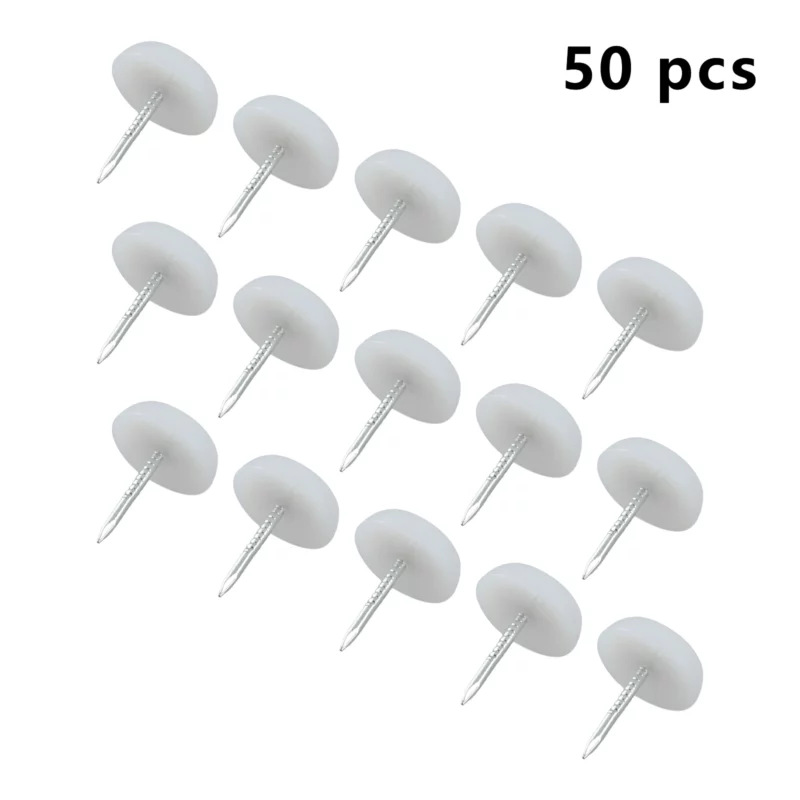 50pcs Furniture Feet Nails Stick-on Glide Skid Pad Screw-in 14mm Lat-Bottom Mini Round Chair Table Leg Protector White Plastic