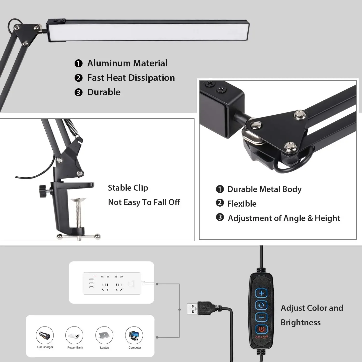 A LED Desk Lamp,Adjustable Metal Swing Arm Desk Lamp with Clamp,Eye-Caring Architect Desk Light,3 Color Modes Function - Image 2