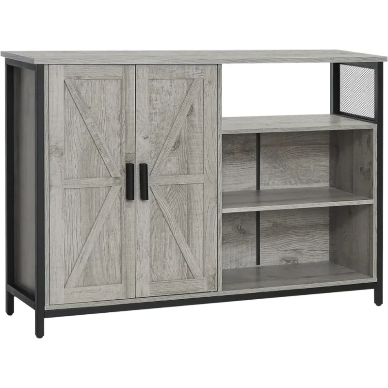 Floor Storage Cabinet, Buffet Storage Cabinet with 2 Barn Doors, Industrial Sideboard with Adjustable Shelves, Buffet