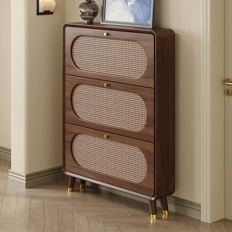 Vintage rattan shoe cabinet Solid wood household entrance storage cabinet Simple living room balcony storage cabinet