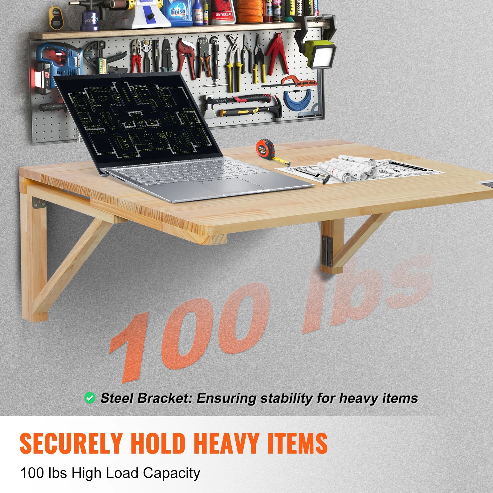 VEVOR Wall Mounted Folding Table Wooden Floating Desk with Iron Bracket Drop Leaf for Home Office Kitchen Bar Space-Saving - Image 3