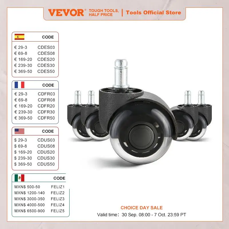 VEVOR 2/3 inch Set of 5 Office Chair Wheels Replacement Computer Gaming Desk Universal Caster for Hardwood Floors and Carpet
