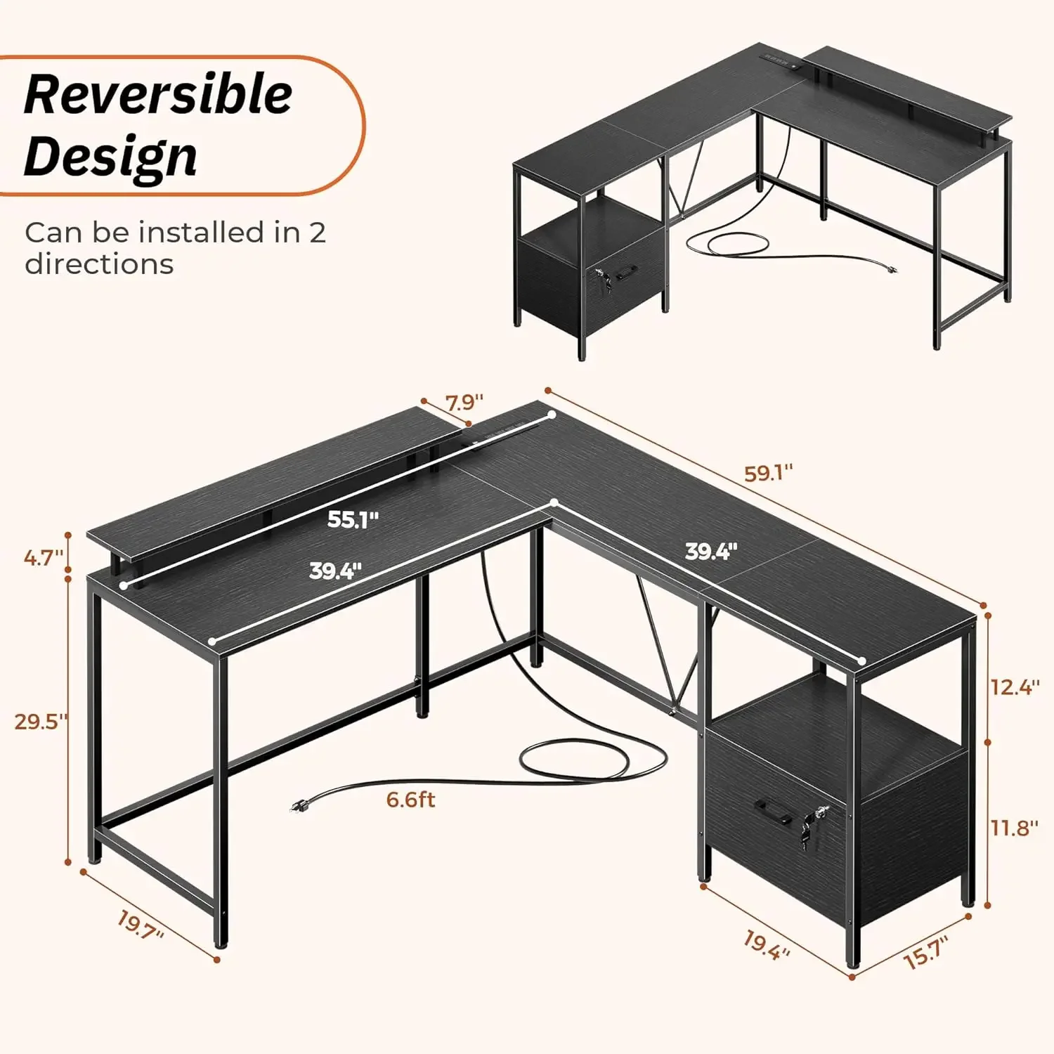L Shaped Office Desk with LED Lights and Power Outlets, Reversible Computer Desk with File Cabinet and Monitor Shelves, - Image 3