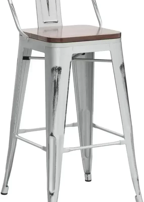 Bar Stools Set of 4 Counter Height Stools Industrial Metal Barstools with Wooden Seats(24 Inch, Distressed White)