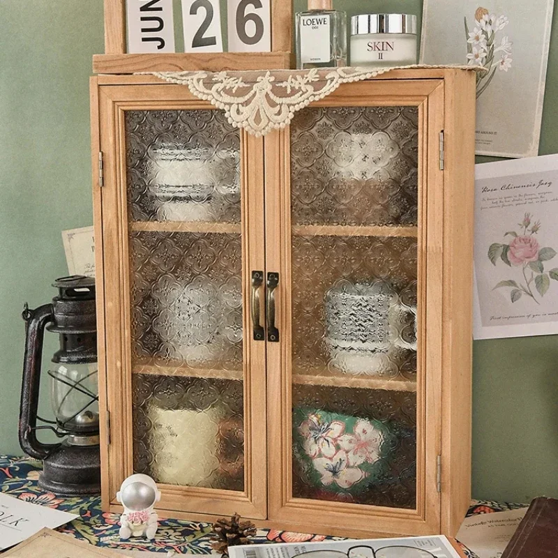 Nordic Solid Wood Retro Double Door Display Cabinet Sundry Cosmetics Storage Drawer Desktop Organizer - Image 4