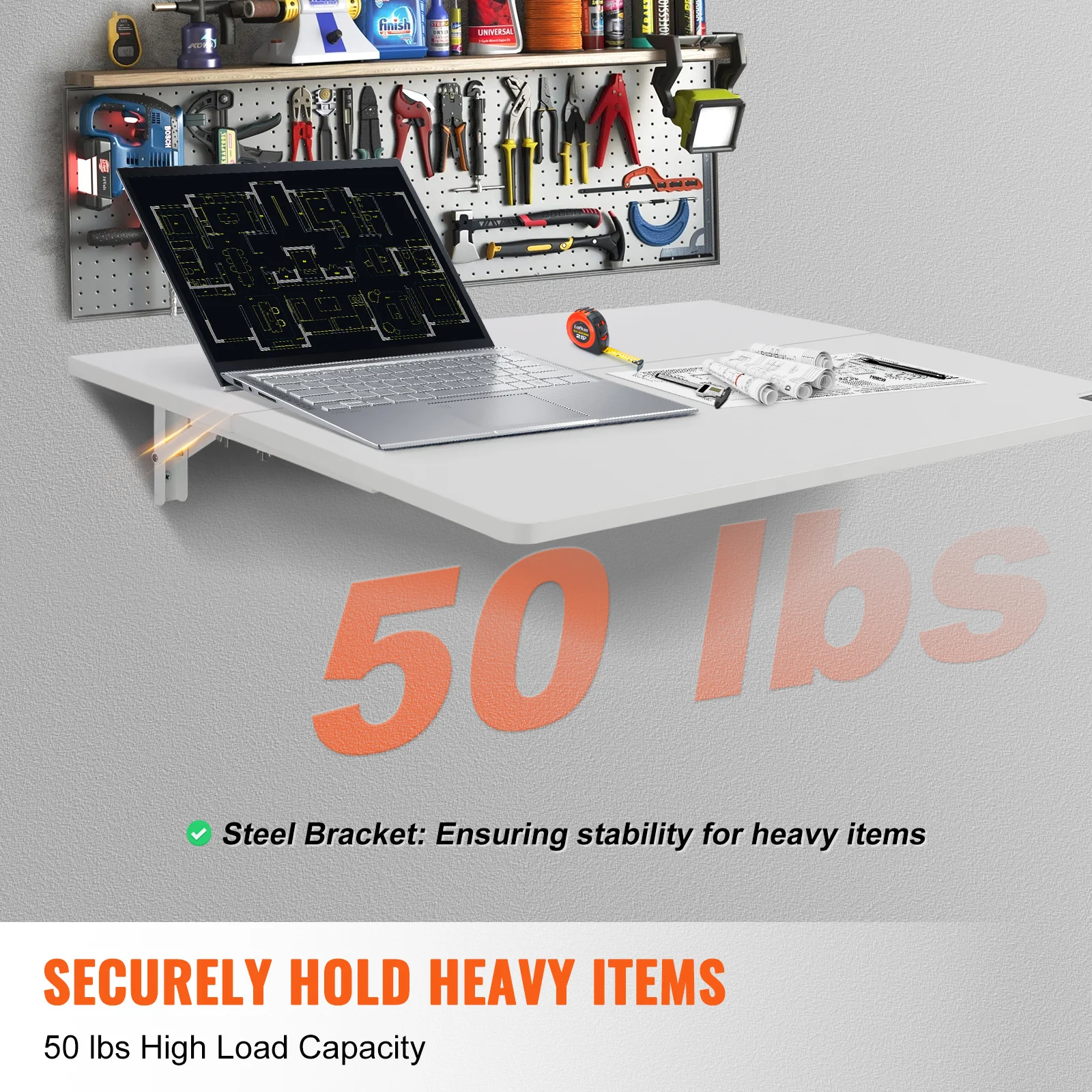 VEVOR Folding Table Wall Mounted Floating Computer Desk with Iron Bracket Drop Leaf Table for Wall Space Saver Home Office - Image 3