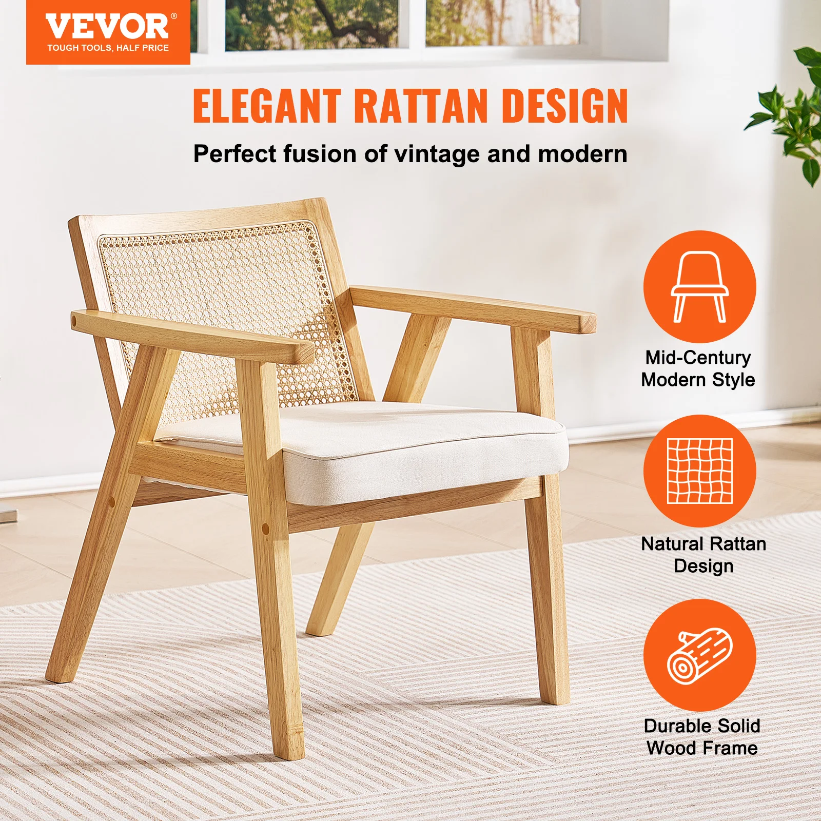 VEVOR Rattan Dining Chairs Mid Century Modern Dining Chair Upholstered Velvet Accent Rattan Chair for Living Room Bedroom Office - Image 2