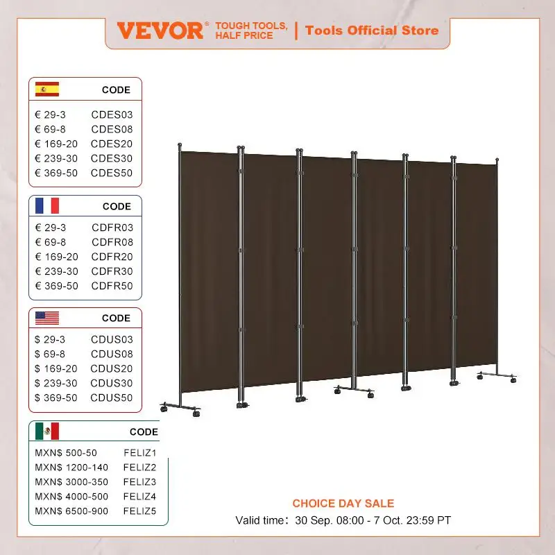 VEVOR 6 Panel Room Divider 6 FT Freestanding & Folding Privacy Screen w/ Swivel Casters & Oxford Bag Partition for Office Home