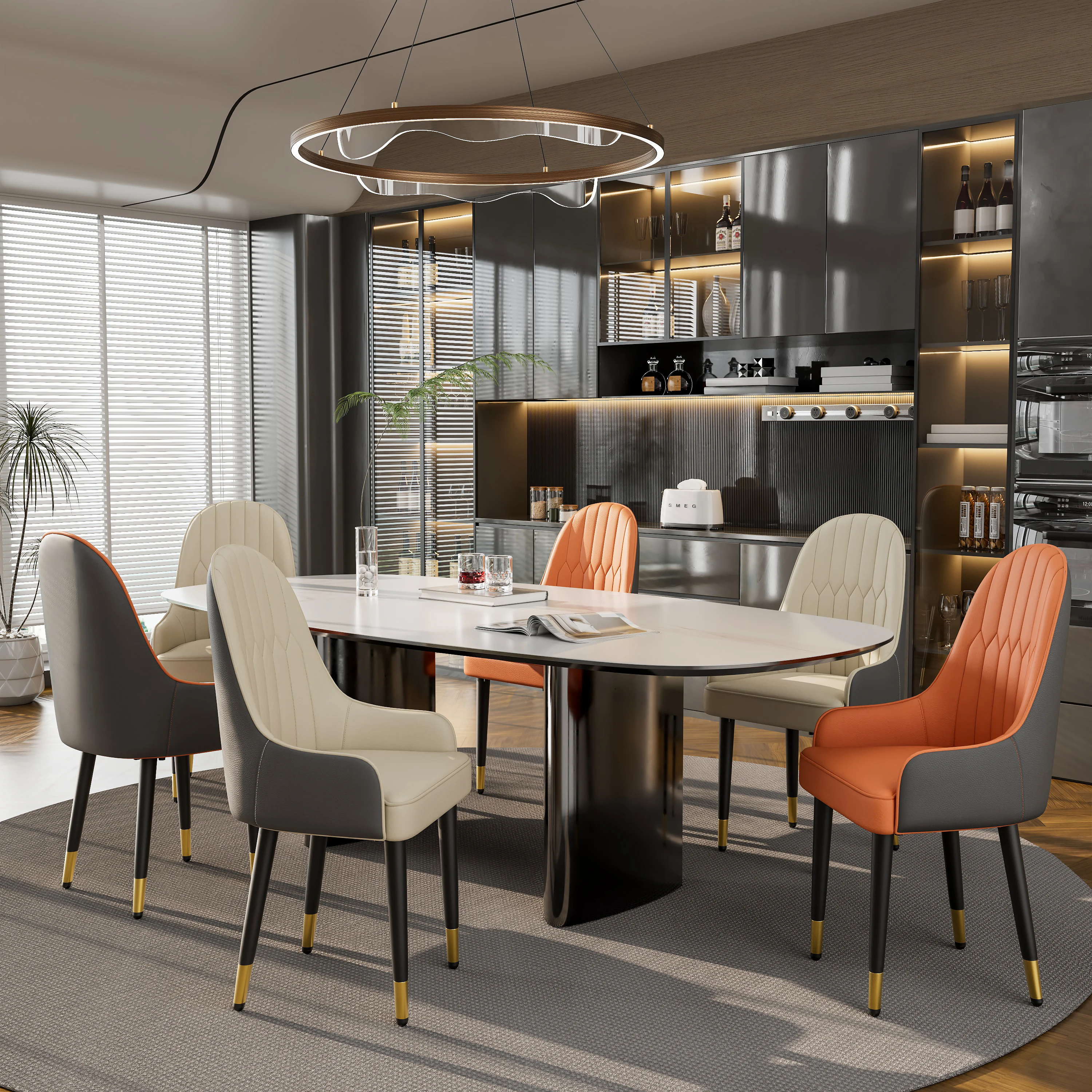 Faux Leather Dining Chair Set of 2, Mid-Century Upholstered Bar Chair with Solid Wood Legs for Pub Coffee Home, Kitchen Room - Image 3