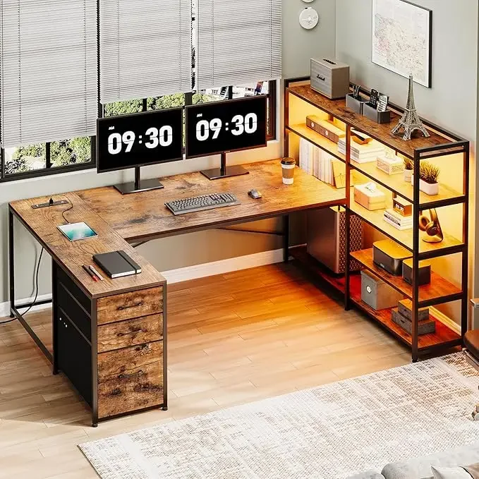Shaped Desk with Storage Shelves 64.5" Reversible U Shaped Office Desk with 3 Fabric Drawers Gaming Desk