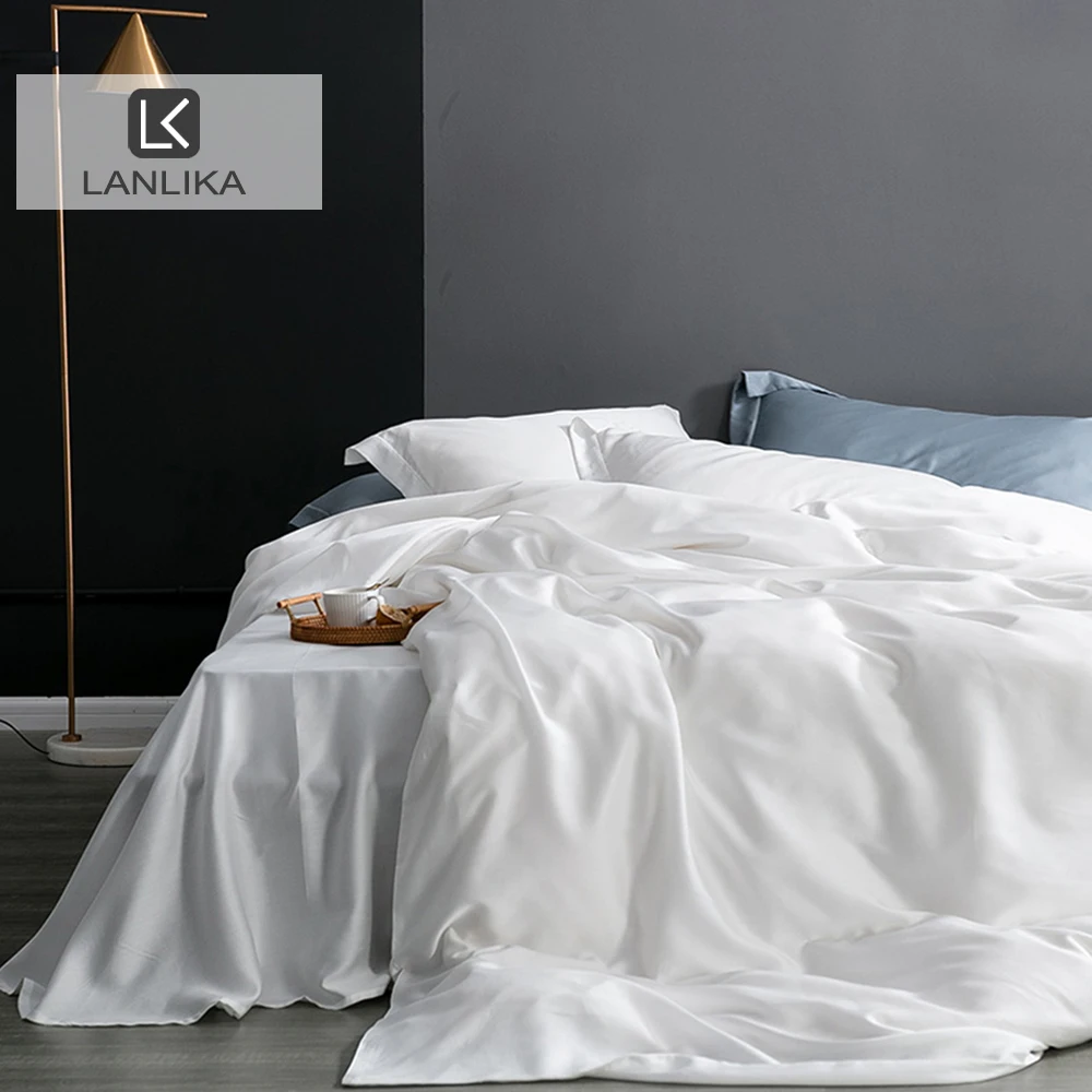 Lanlika Luxury Nature White 100% Silk Bedding Set Double Queen King Duvet Cover Flat Sheet Bed Linen Pillowcase For Sleep Gift
