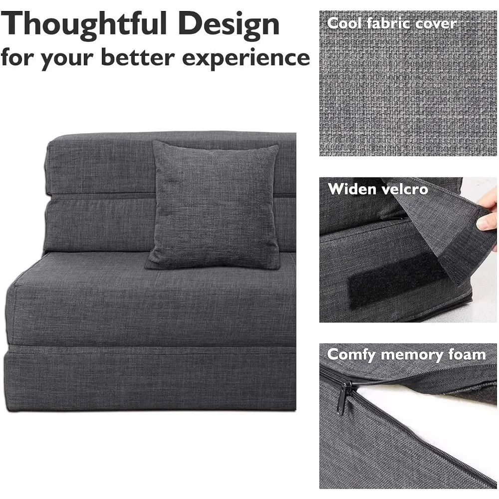 60" Futon Sleeper Chair Guest Sofa Bed and Fold Out Couch with 2 Pillows ,Memory Foam, Washable Cover Queen Size, Dark Gray - Image 4