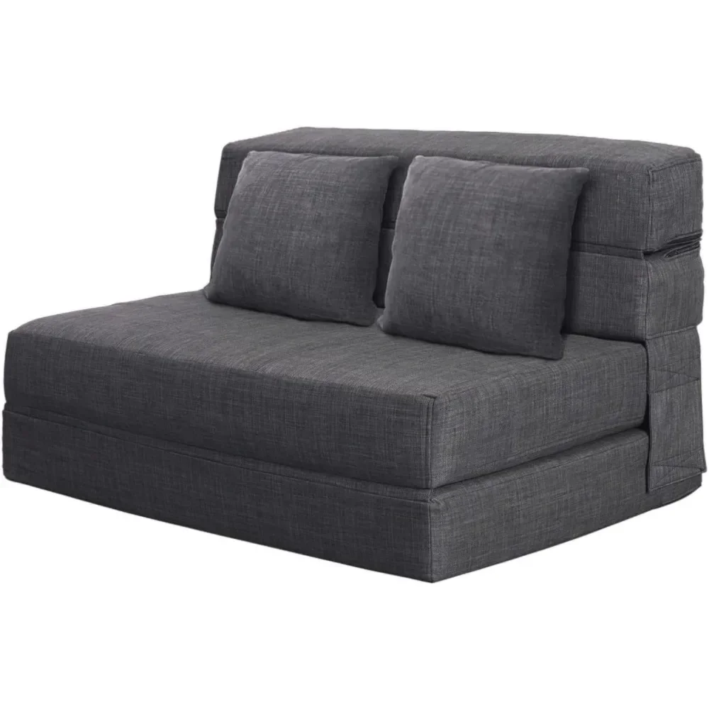 60" Futon Sleeper Chair Guest Sofa Bed and Fold Out Couch with 2 Pillows ,Memory Foam, Washable Cover Queen Size, Dark Gray
