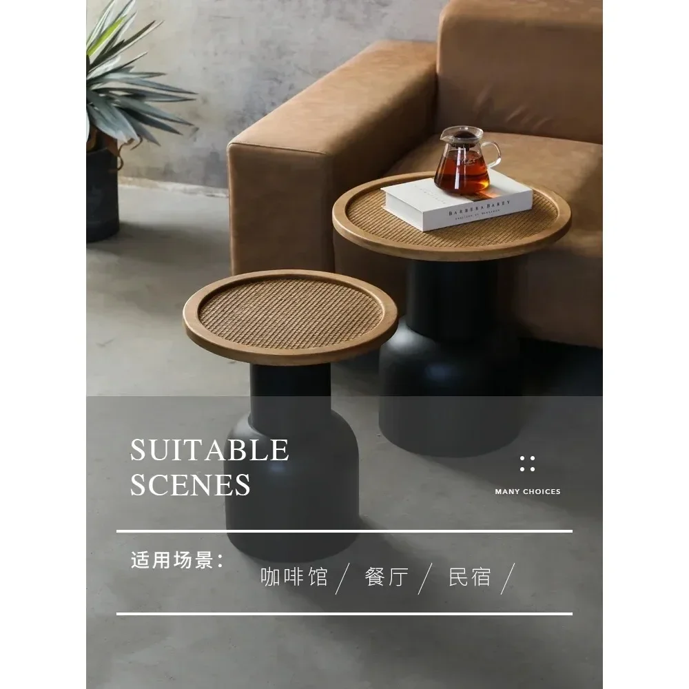 Retro Art Home Sofa Side Table Solid Wood Rattan Creative Coffee Tables Bedside Iron Small Round Desks Home Decoration - Image 5