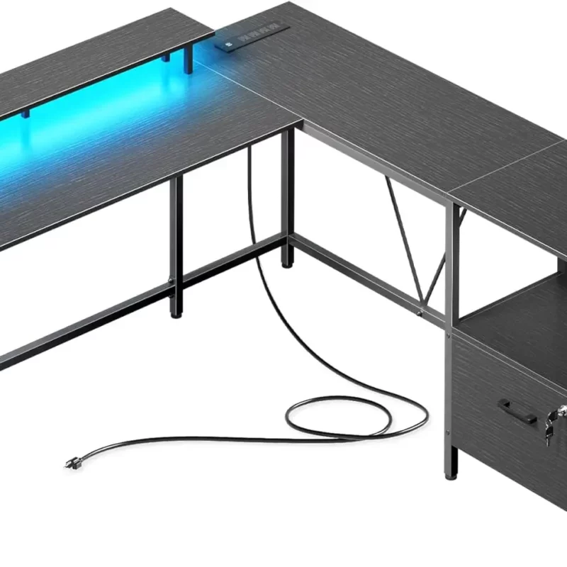 L Shaped Office Desk with LED Lights and Power Outlets, Reversible Computer Desk with File Cabinet and Monitor Shelves,