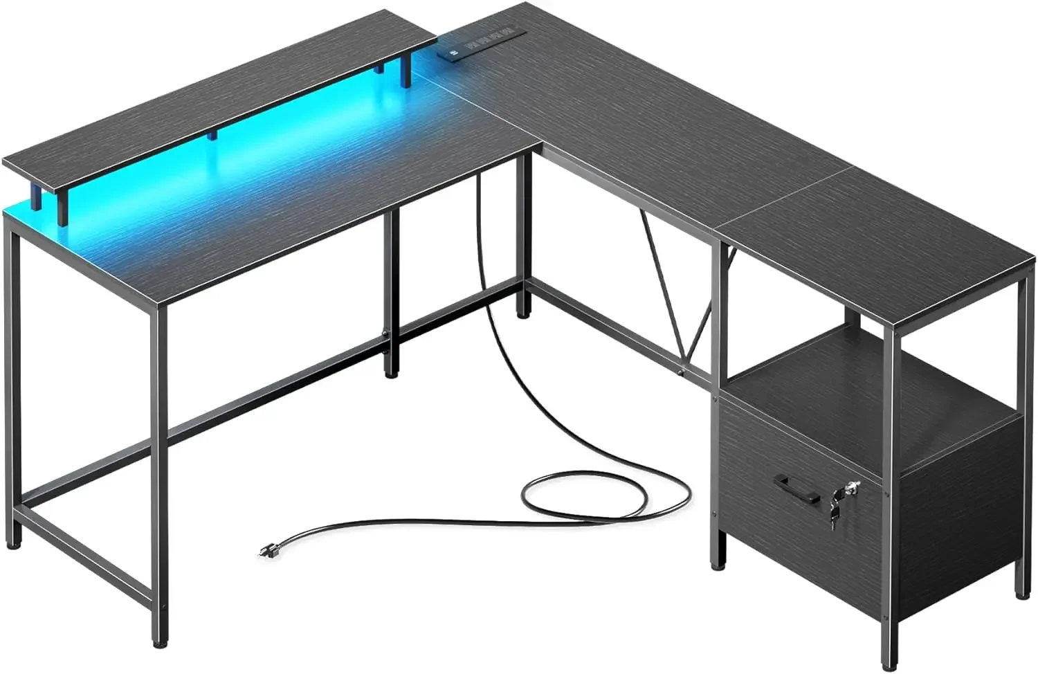 L Shaped Office Desk with LED Lights and Power Outlets, Reversible Computer Desk with File Cabinet and Monitor Shelves,