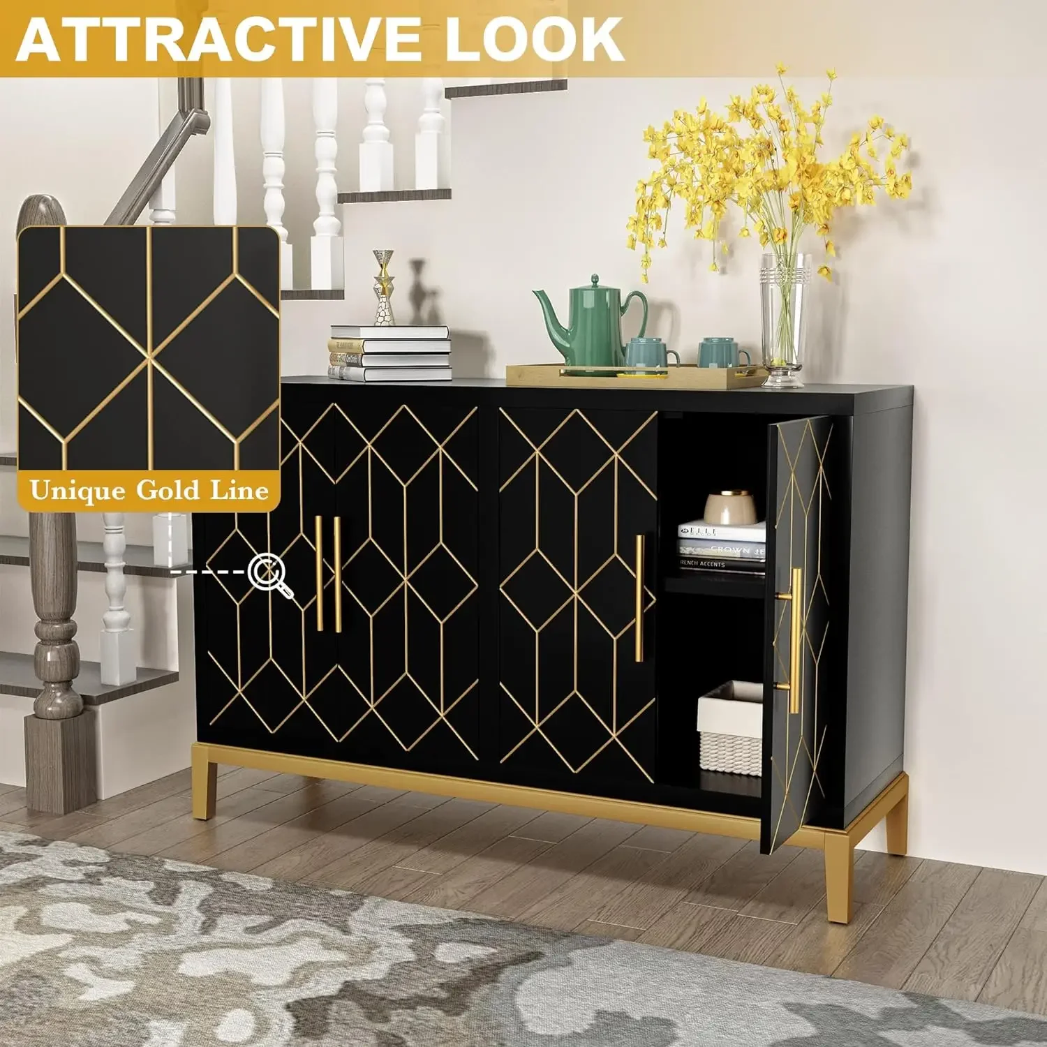 Accent Cabinet with 4 Doors & Shelves Sideboard Buffet Cabinet with Gold Trim Modern Black Storage Cabinet for Living Room - Image 4