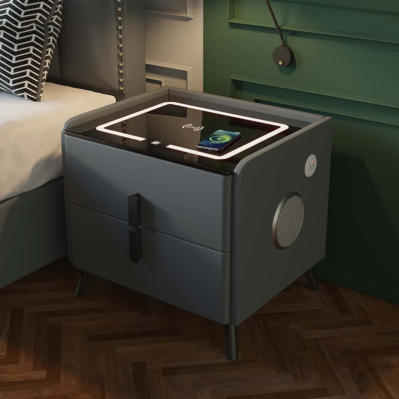 Solid Wood Smart Bedroom Nightstands Moder Style 2 Drawers Multifunction Storage Cabinet Faux Leather Bedside Table - Image 3