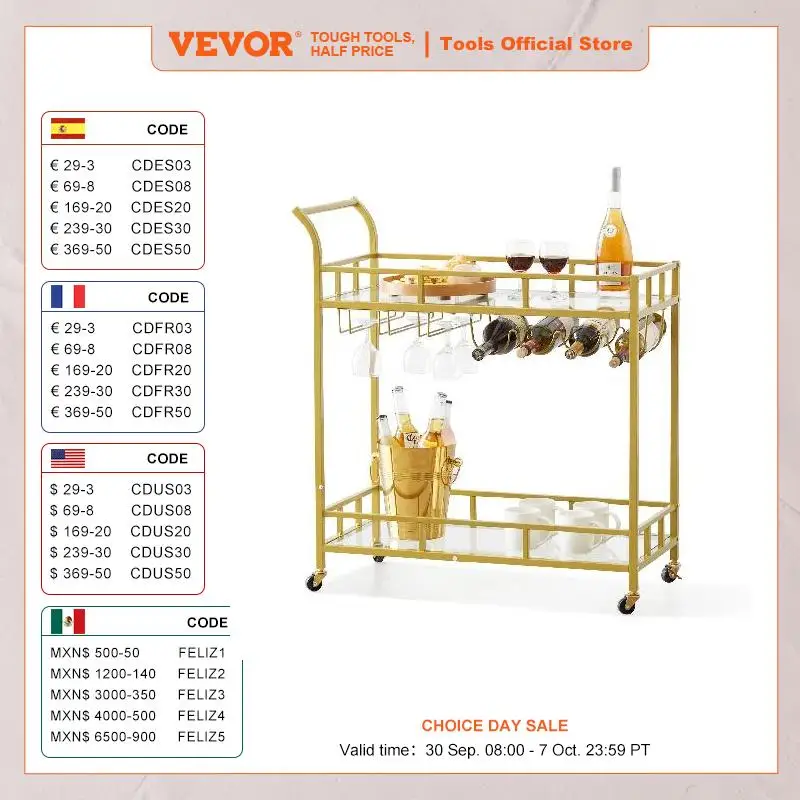 VEVOR Metal Bar Serving Cart Golden Steel Rolling Trolley On Lockable Wheels Mobile Utility with Wine Rack Tempered Glass Holder
