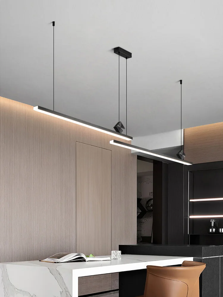Aluminum dining room chandelier modern Nordic black geometric strip light office dining table island bar light - Image 3