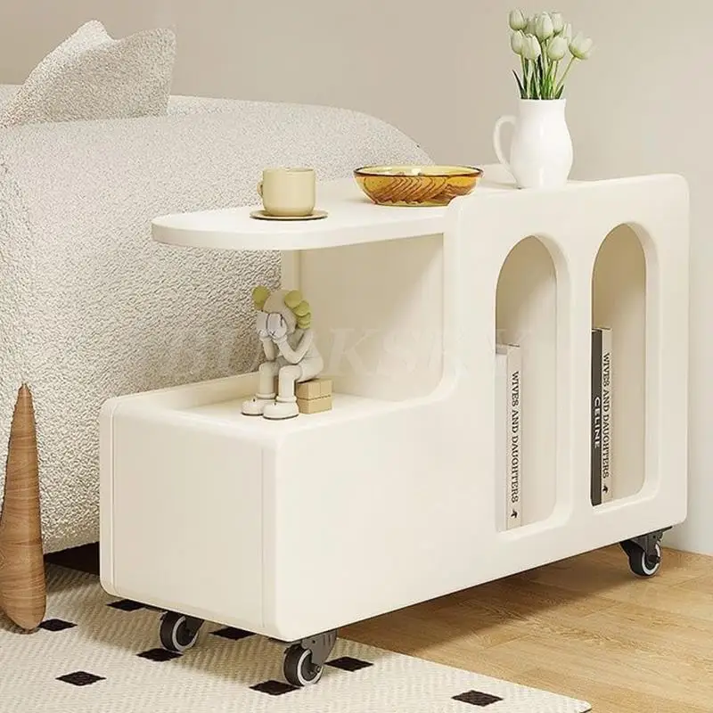 Mobile Coffee Table Side Table For Living Room Furniture Modern Cabinets Cream Style Storage Sofa Table With Trolley - Image 3