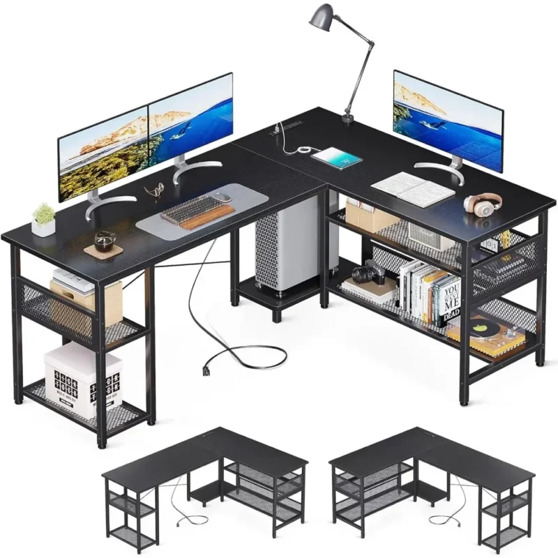 ODK 66" L Shaped Desk with Power Outlet and USB Charging Ports, Reversible L Shaped Computer Desk with Storage Shelves