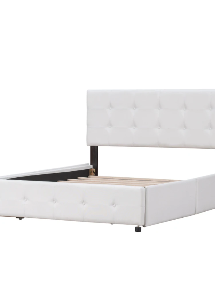 Upholstered Platform Bed with Classic Headboard and 4 Drawers, No Box Spring Needed, Linen Fabric, Queen Size White - Image 2