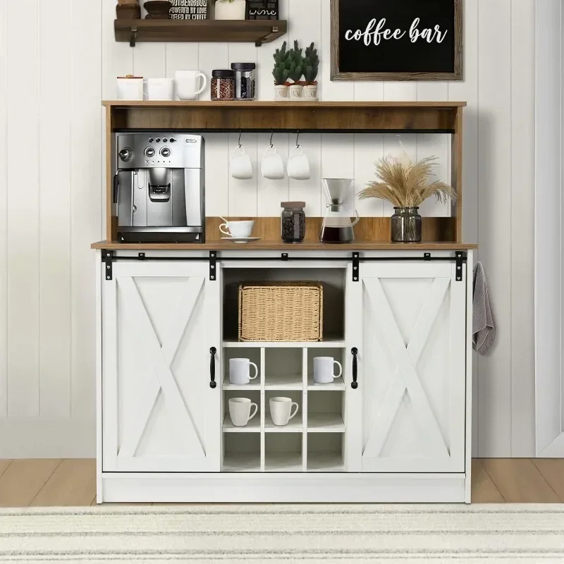 Farmhouse Coffee Wine Bar Cabinet with 6 Hooks Sliding Barn Door 47’’ Sideboard Buffet Cabinet with Adjustable Shelf for Kitchen