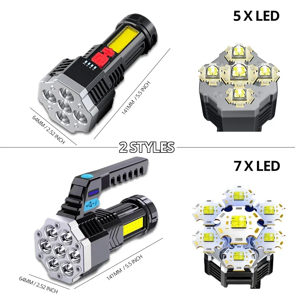 High Power Rechargeable Led Flashlights 7LED Camping Torch With Cob Side Light Lightweight Outdoor Lighting ABS Material - Image 2