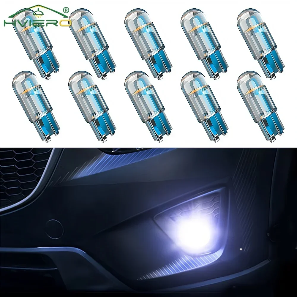 10Pcs Glass Cob LED Car Bulb W5W 194 T10 Wedge License Plate Lamp Dome Light White Auto Interior Reading Running Parking Backup
