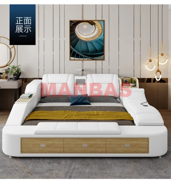 LINLAMLIM Genuine Leather Multifunctional Massage Bed Frame Ultimate Bed Tech Smart Camas Tatami Beds with Projector,Audio,Safe - Image 5