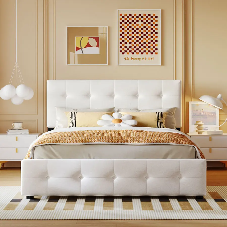 Upholstered Platform Bed with Classic Headboard and 4 Drawers, No Box Spring Needed, Linen Fabric, Queen Size White - Image 3