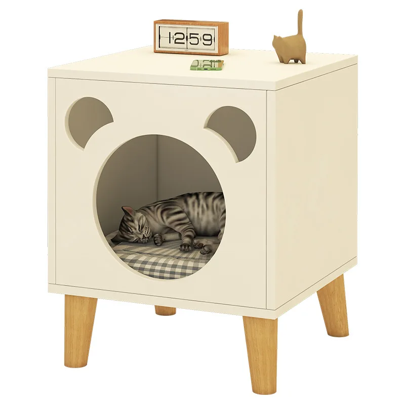 Functional Nightstand with Solid Wood Legs, Cat House, and Multiple Storage Compartments - Image 5
