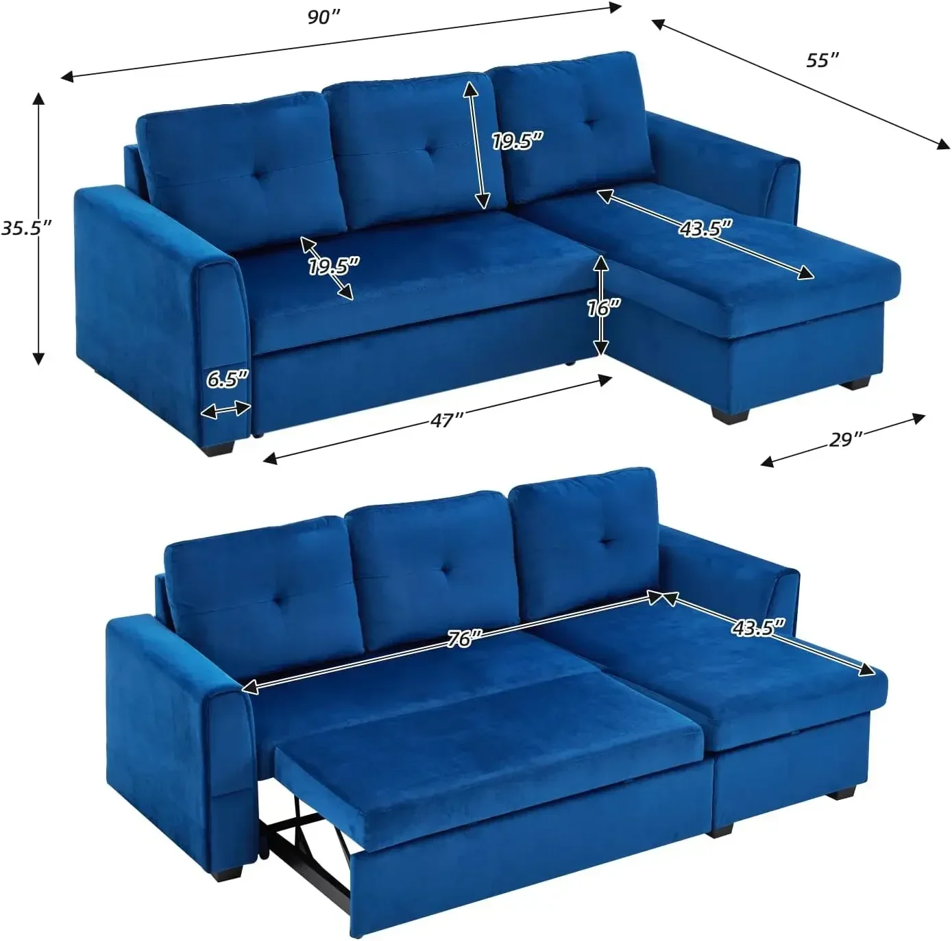 Sectional Sleeper Sofa, Flannel Pull Out Bed with Removable Chaise Longue, 3Seater Sofa Bed with Storage Ottoman for Living Room - Image 5