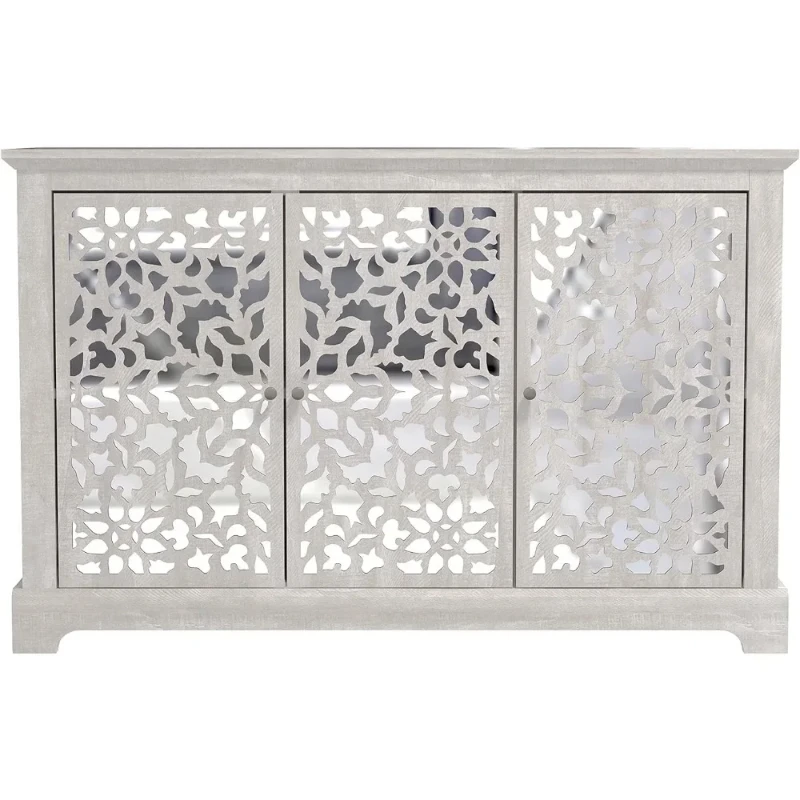 3 Door Sideboard Sideboard Buffet Cabinet, Kitchen Storage Cabinet with Acrylic Mirror Doors, Dusty Grey Oak