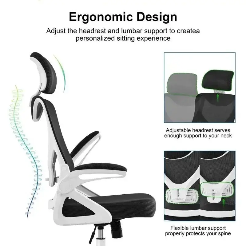 High Back Ergonomic Mesh Office Chair with Adjustable Padded Headrest, White/Black Furniture - Image 4