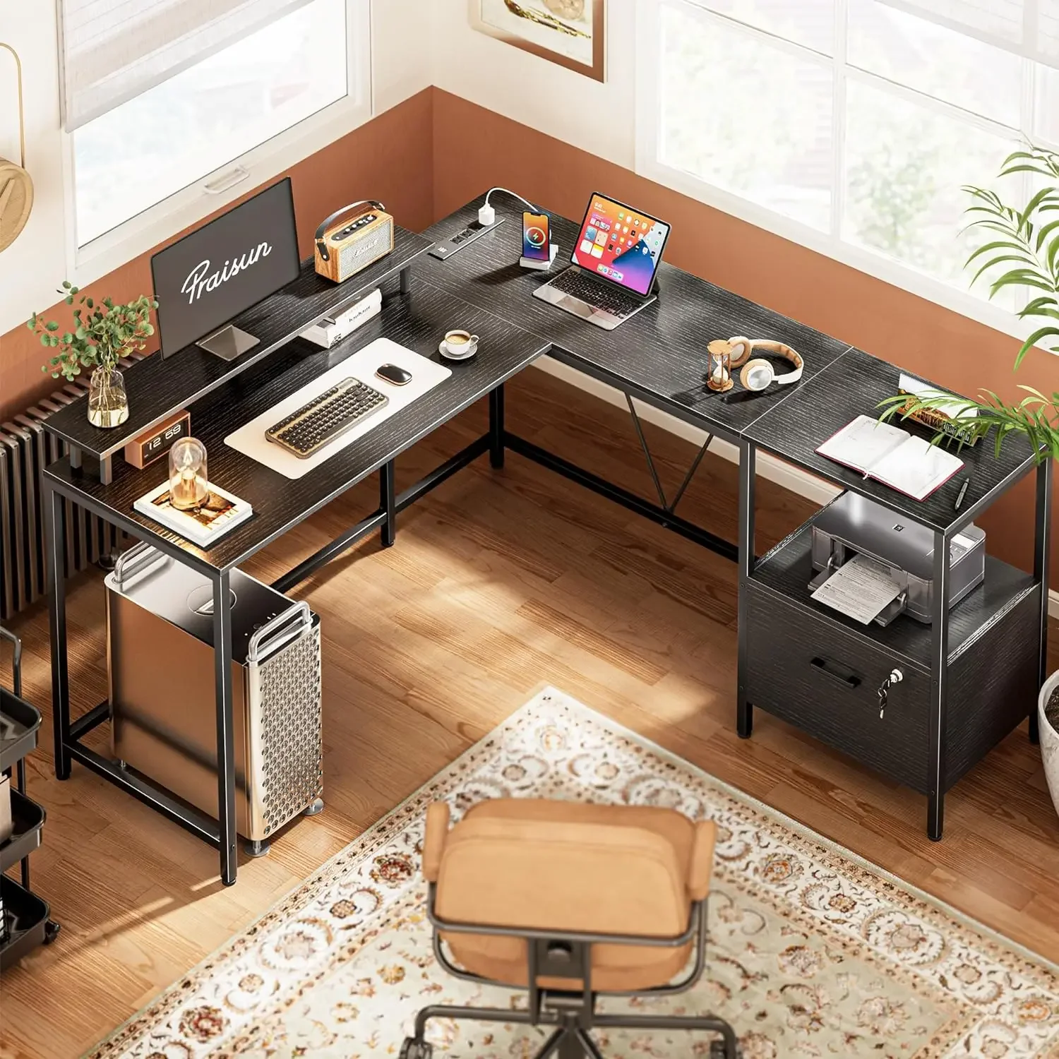 L Shaped Office Desk with LED Lights and Power Outlets, Reversible Computer Desk with File Cabinet and Monitor Shelves, - Image 2