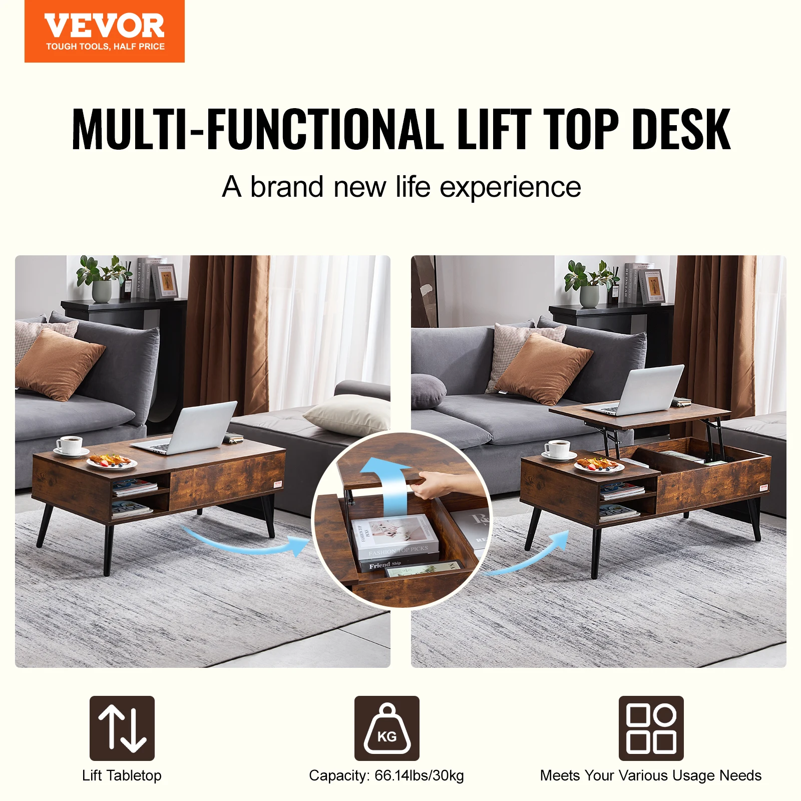 VEVOR Lift Top Coffee Table Round/Rectangle Coffee Table with Extra Storage Pockets Pop Up/Flipable Coffee Table for Living Room - Image 2