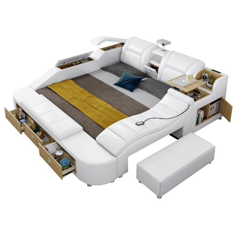 LINLAMLIM Genuine Leather Multifunctional Massage Bed Frame Ultimate Bed Tech Smart Camas Tatami Beds with Projector,Audio,Safe