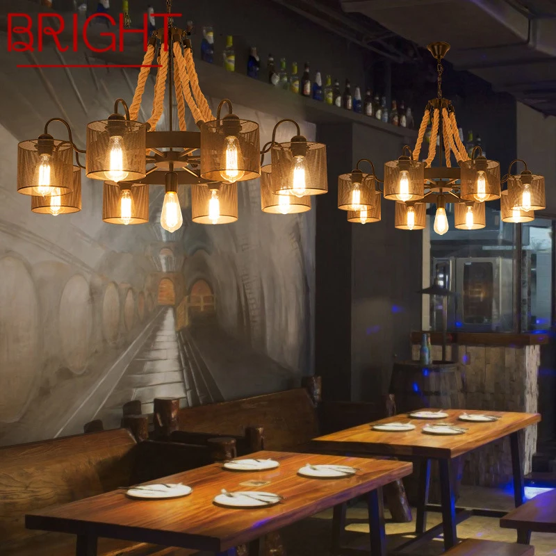 BRIGHT American Style Retrohemp Rope Chandelier Nostalgic Loft Industrial Style Internet Cafe Restaurant Hot Pot Shop Pendant